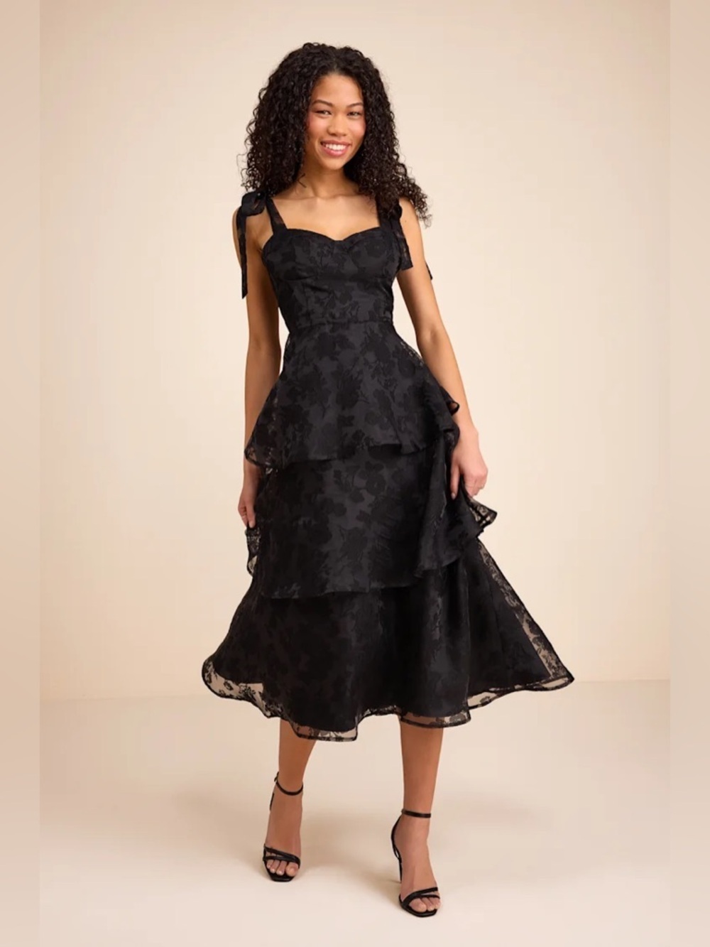Lulus Glamorous Sweetie Black Burnout Tie-Strap Bustier Midi Dress